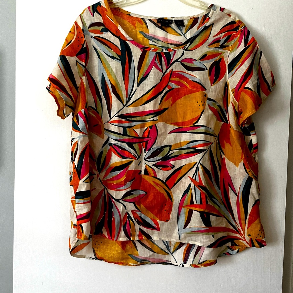 Tahari Colorful Fall Colored Linen Top with Cap Sleeves